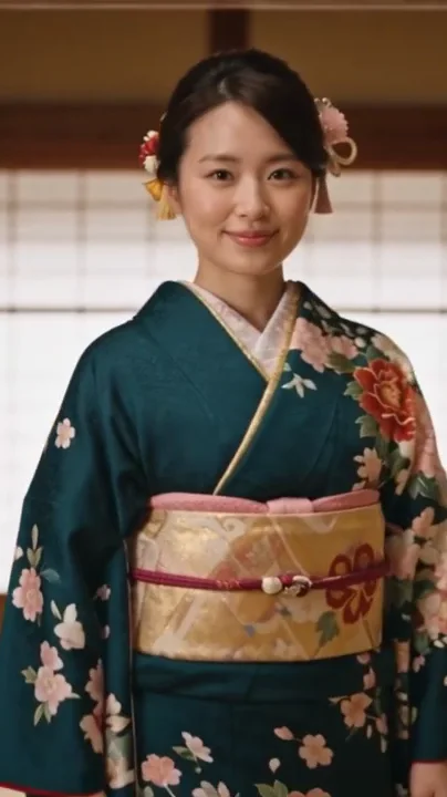 障子の和室でほほえむ振袖の女性（イメージ）